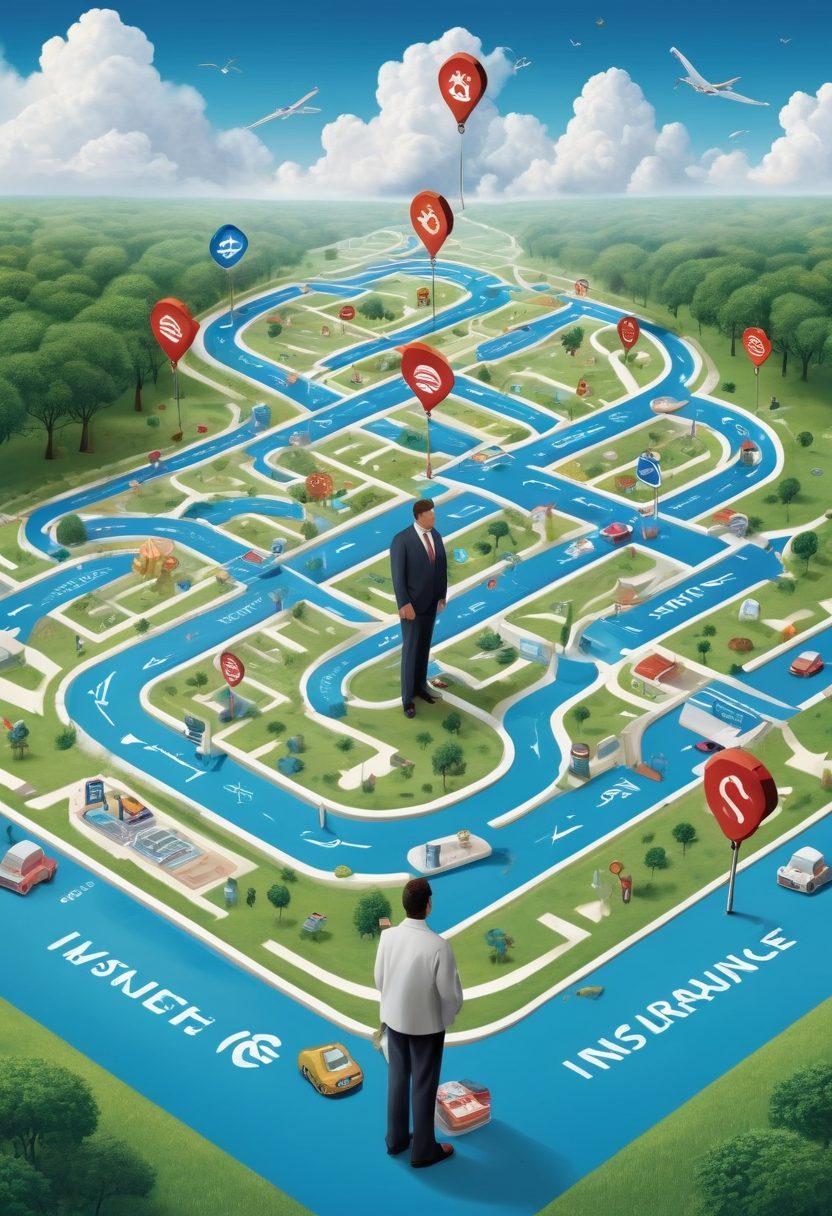 An intricately designed maze symbolizing the complexities of insurance, filled with navigational signs pointing to 'Coverage', 'Quotes', and 'Risk Management'. Incorporate diverse characters like a confused traveler and a helpful guide discussing options, surrounded by icons of policies and calculators. The background should reflect a financial landscape with clouds shaped like insurance symbols. vibrant colors. vector art.