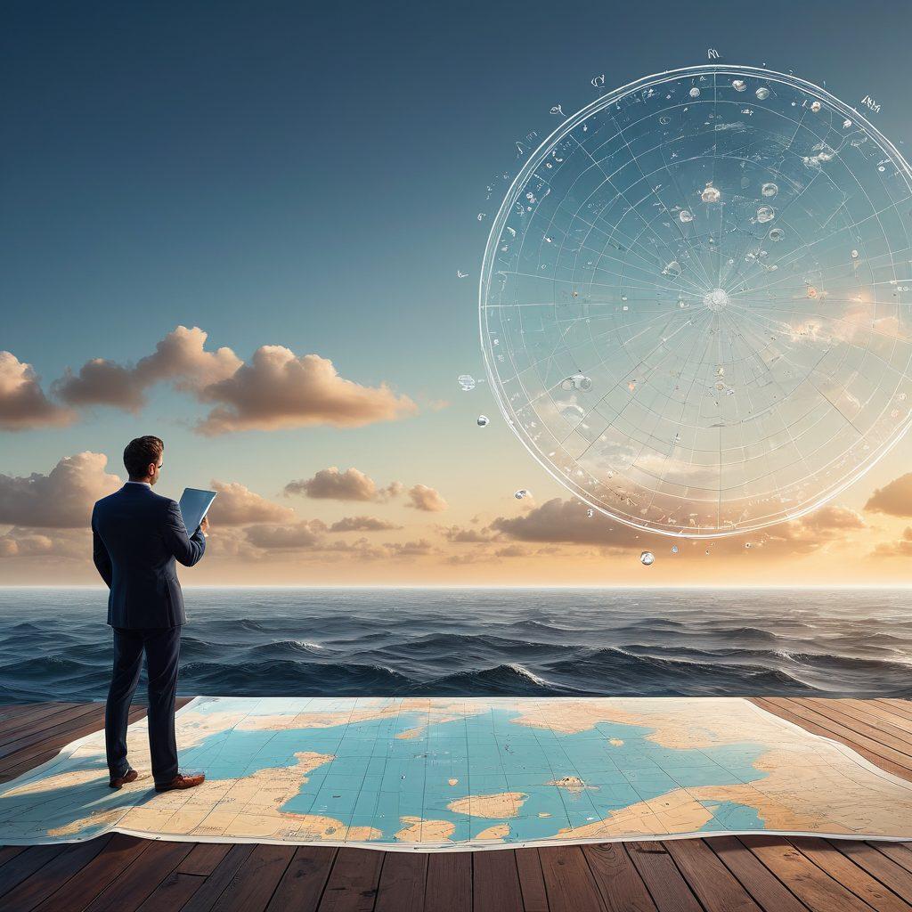 A professional-looking navigator standing by a large nautical chart, analyzing various risks represented by quotes and premium rates symbolized as floating bubbles. Behind, a calm sea with distant ships that represent different industries. The sky above is partly cloudy, symbolizing uncertainty but with rays of sunshine breaking through, representing mastery and clarity. The scene should convey a sense of calm confidence and proactive decision-making. super-realistic. vibrant colors. 3D.