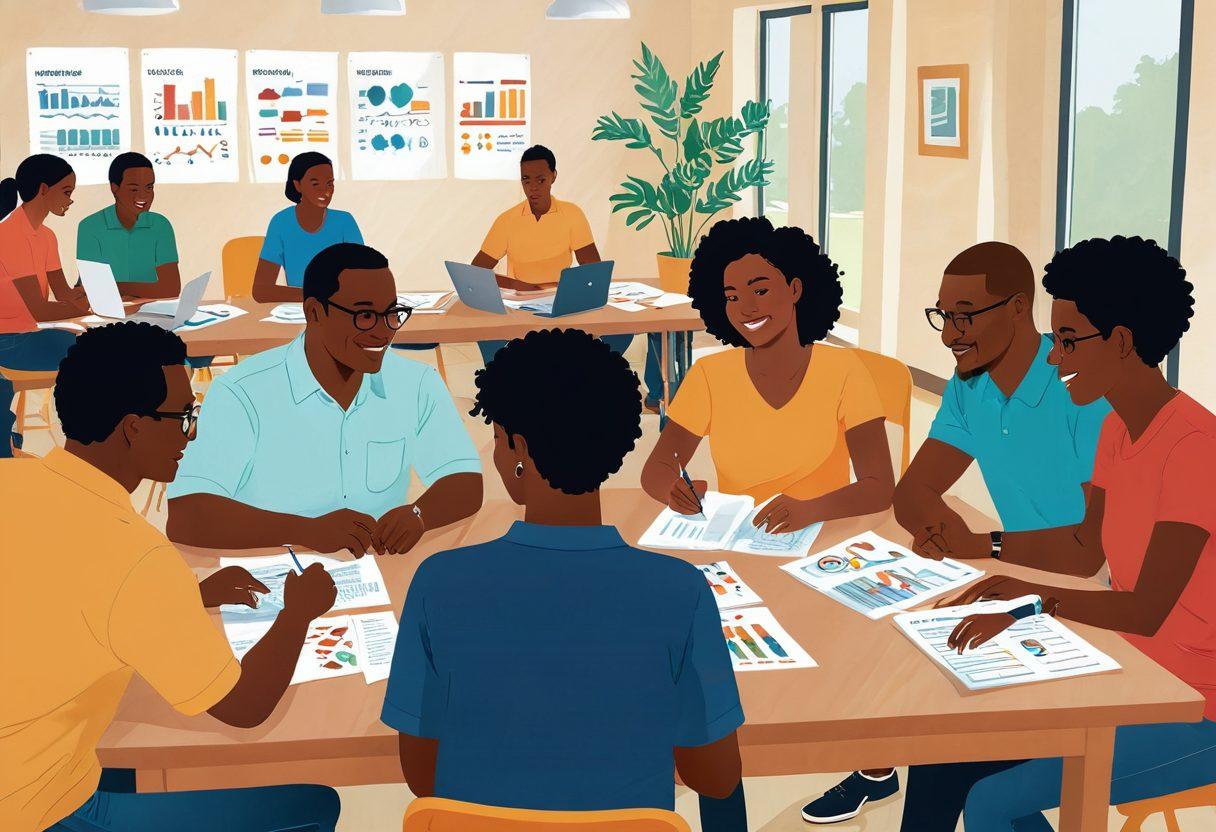 An illustrated scene of diverse individuals discussing insurance options at a bright, welcoming community center. Include visual elements like comparison charts, calculators, and informational brochures spread out on a table. Surround them with happy, engaged expressions to represent accessibility and understanding. Use a warm color palette to evoke a sense of community and trust. vector art. vibrant colors.